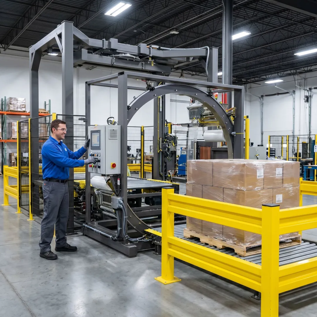 Technician reviewing Orion stretch wrapper setup