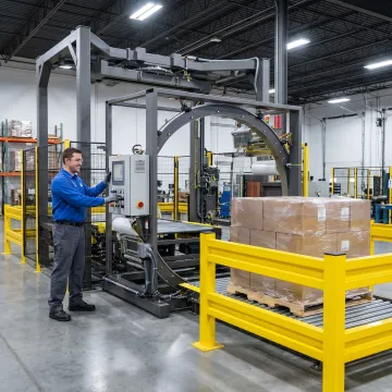 Technician reviewing Orion stretch wrapper setup