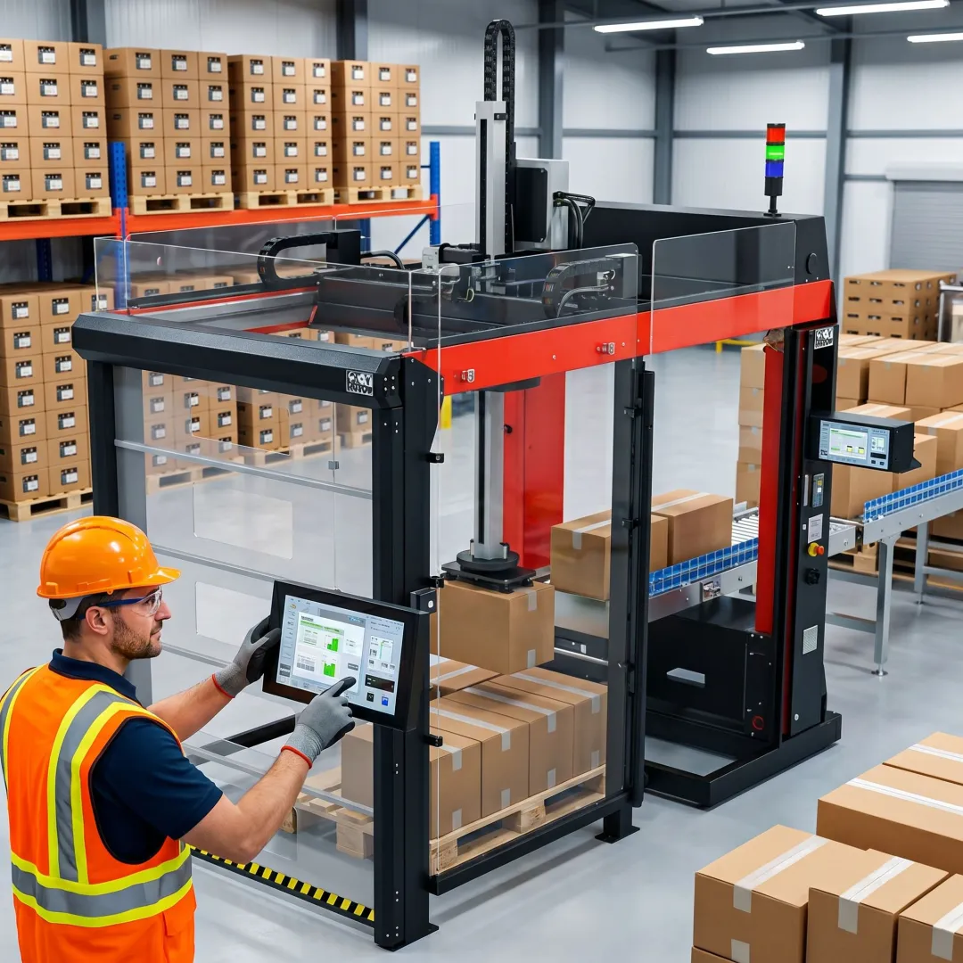 Technician commissioning a palletizer system