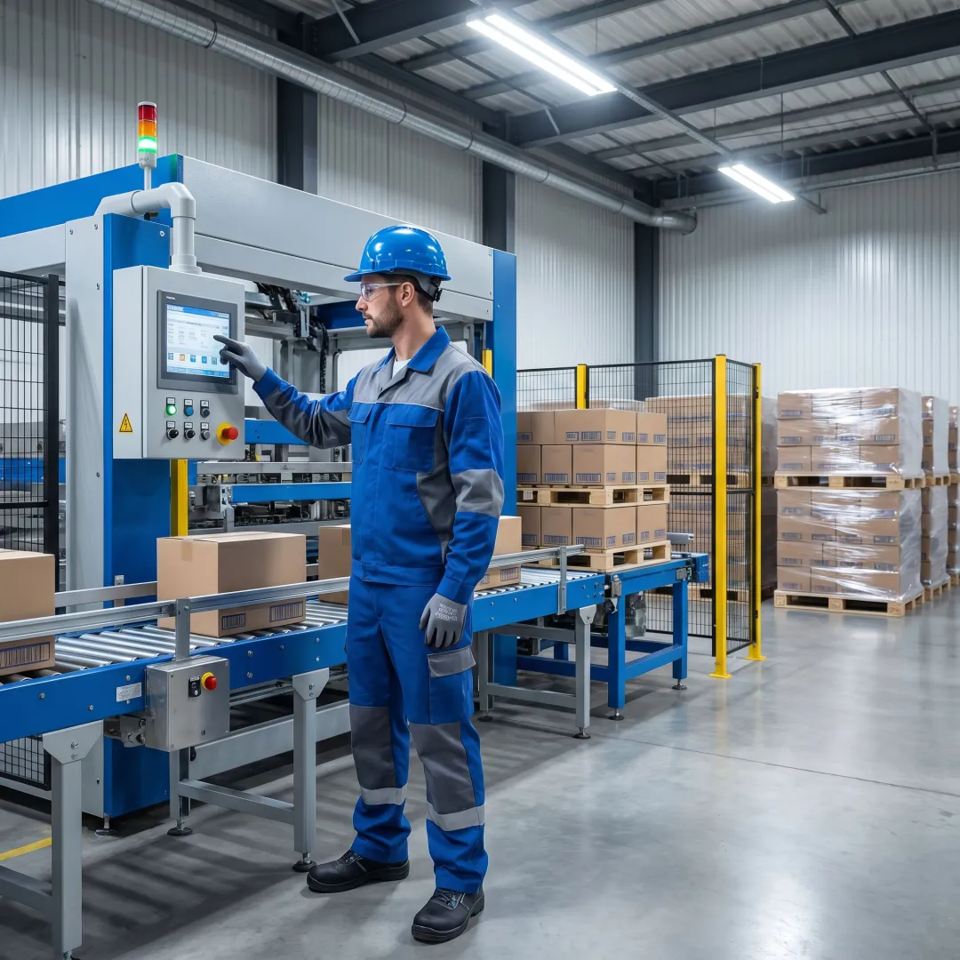 Technician reviewing Brenton palletizer setup