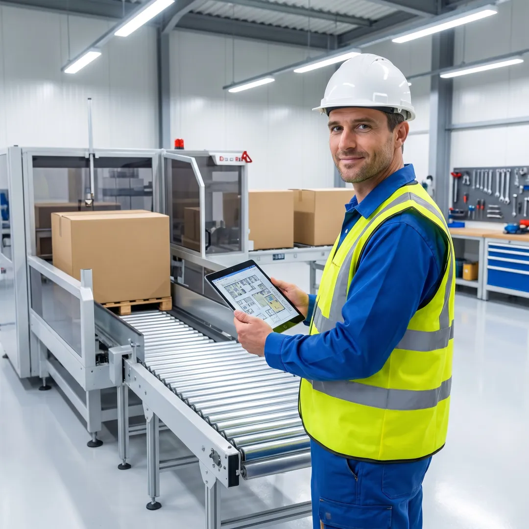 Technician reviewing palletizer system layout