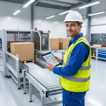 Technician reviewing palletizer system layout