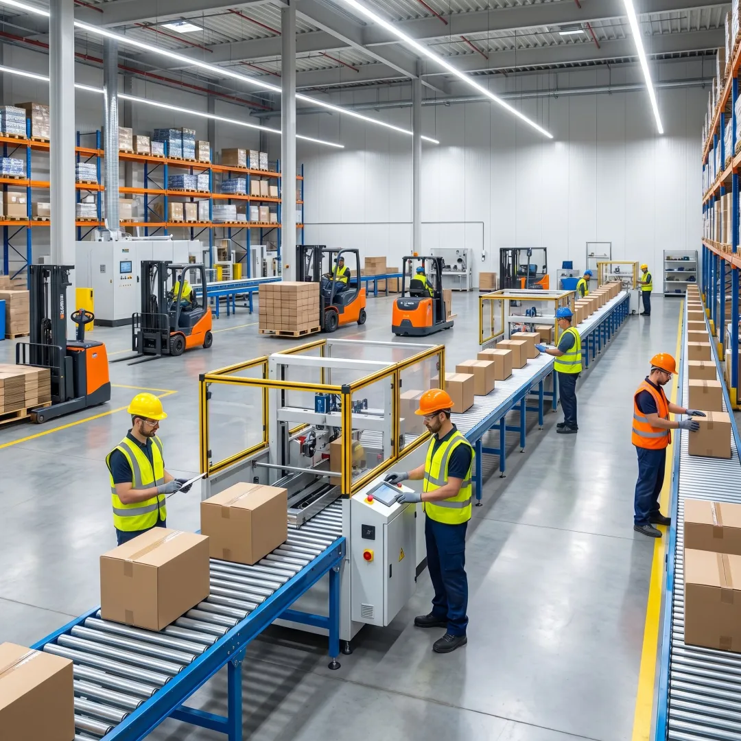 Industrial Omni Metalcraft conveyor system in a warehouse