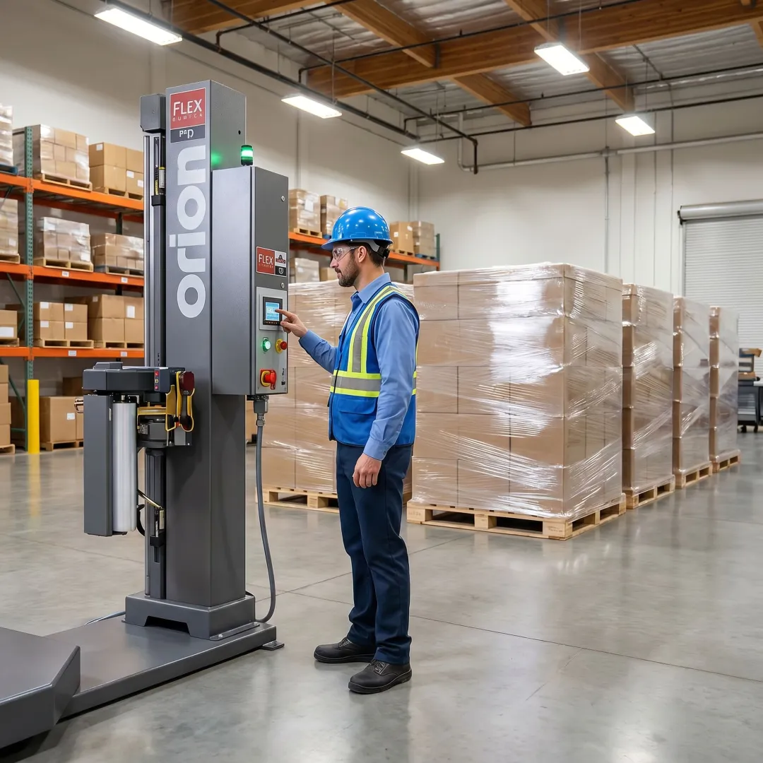 Technician reviewing Phoenix stretch wrapper setup