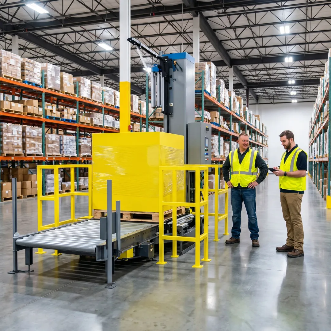 Cousins stretch wrapper in a Minneapolis warehouse