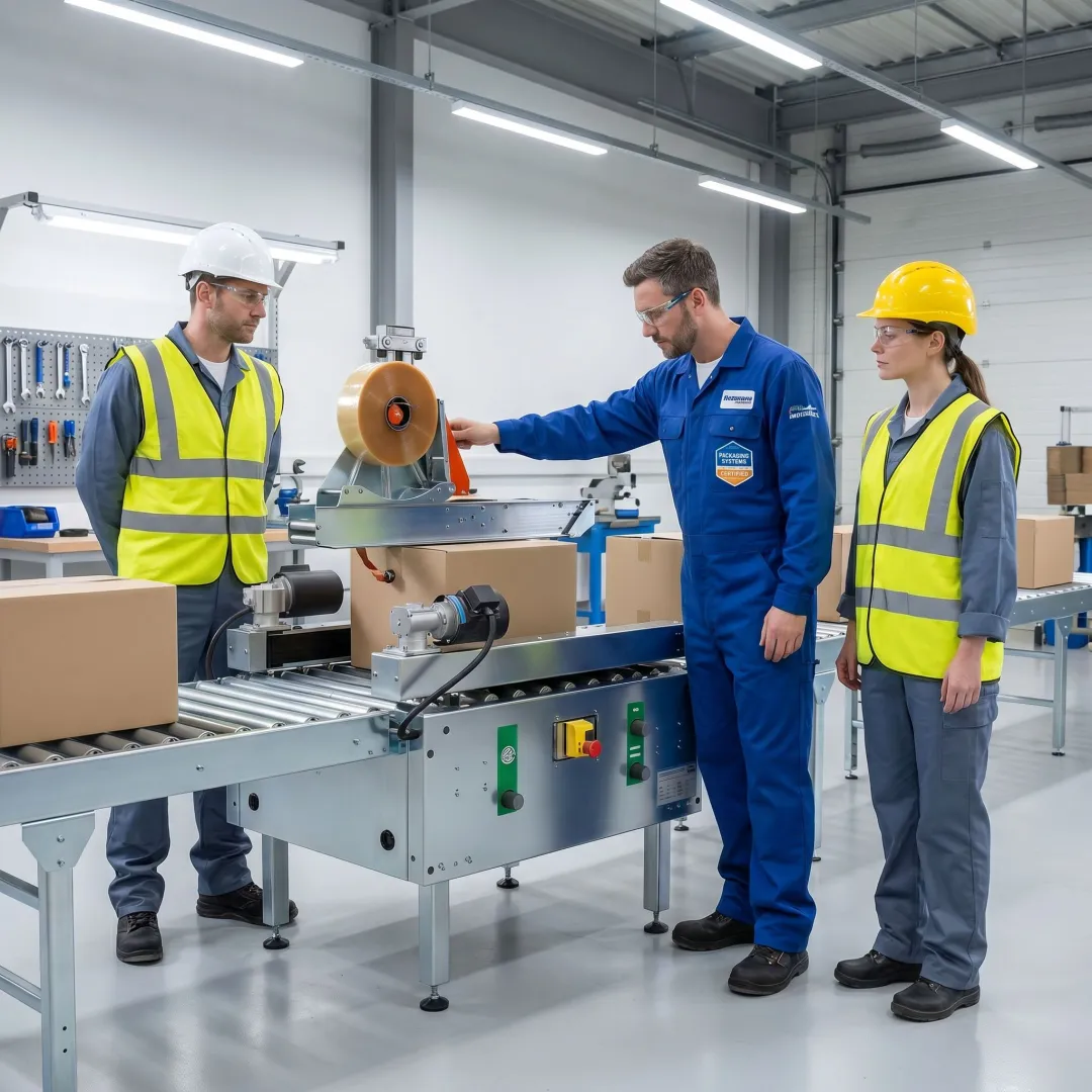 Technician reviewing packaging line setup