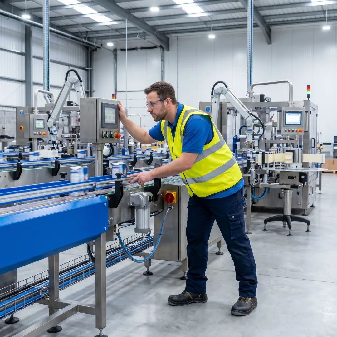 Technician reviewing packaging equipment setup