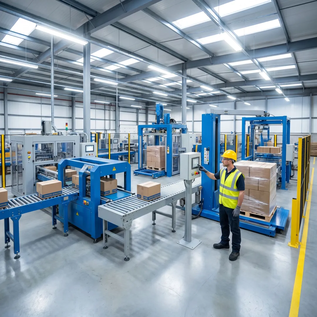 Technician reviewing industrial packaging line equipment