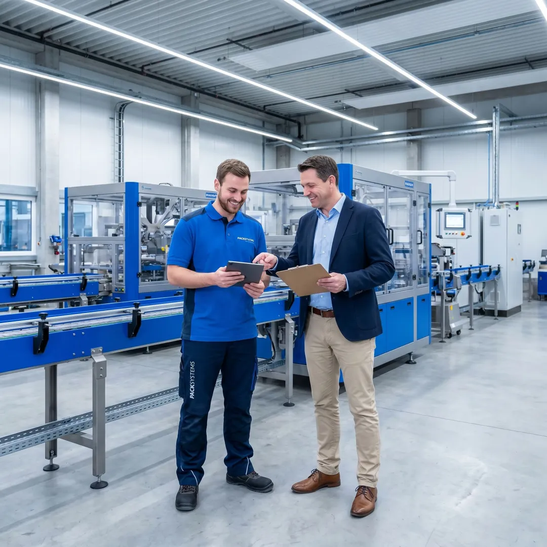 Technician reviewing packaging equipment with a plant manager