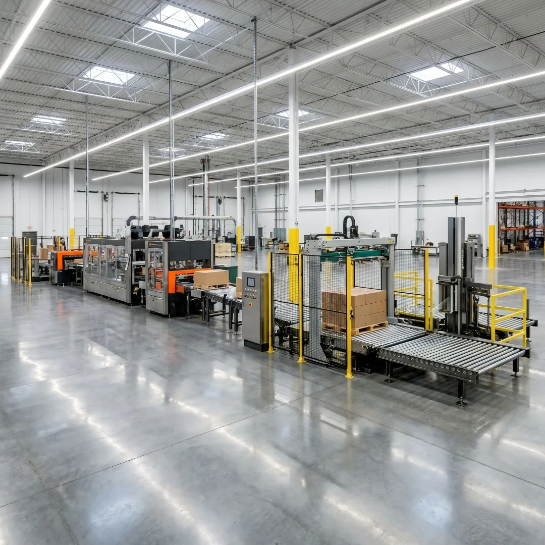 Industrial packaging equipment line in a manufacturing facility