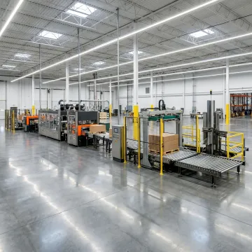 Industrial packaging equipment line in a manufacturing facility
