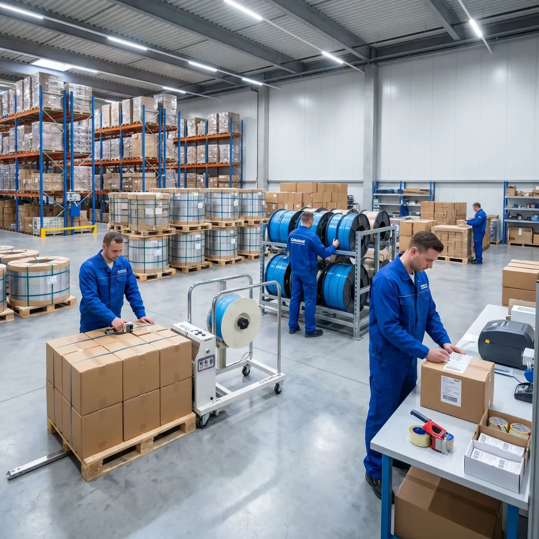 Warehouse team preparing steel strapping orders
