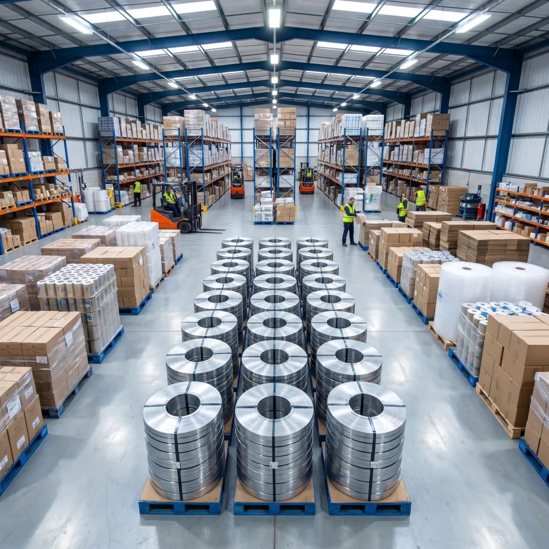 Coils of industrial steel strapping in a warehouse