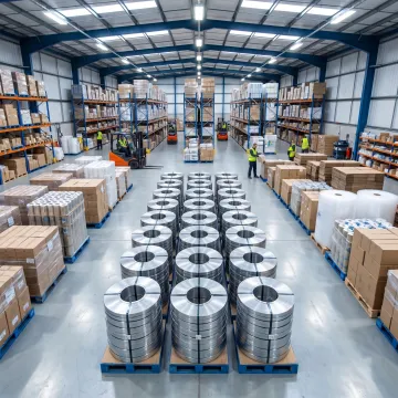 Coils of industrial steel strapping in a warehouse