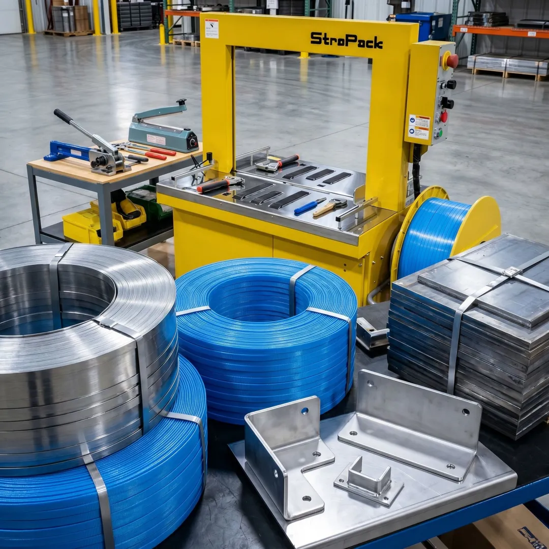 Industrial strapping materials prepared for metal fabrication shipping