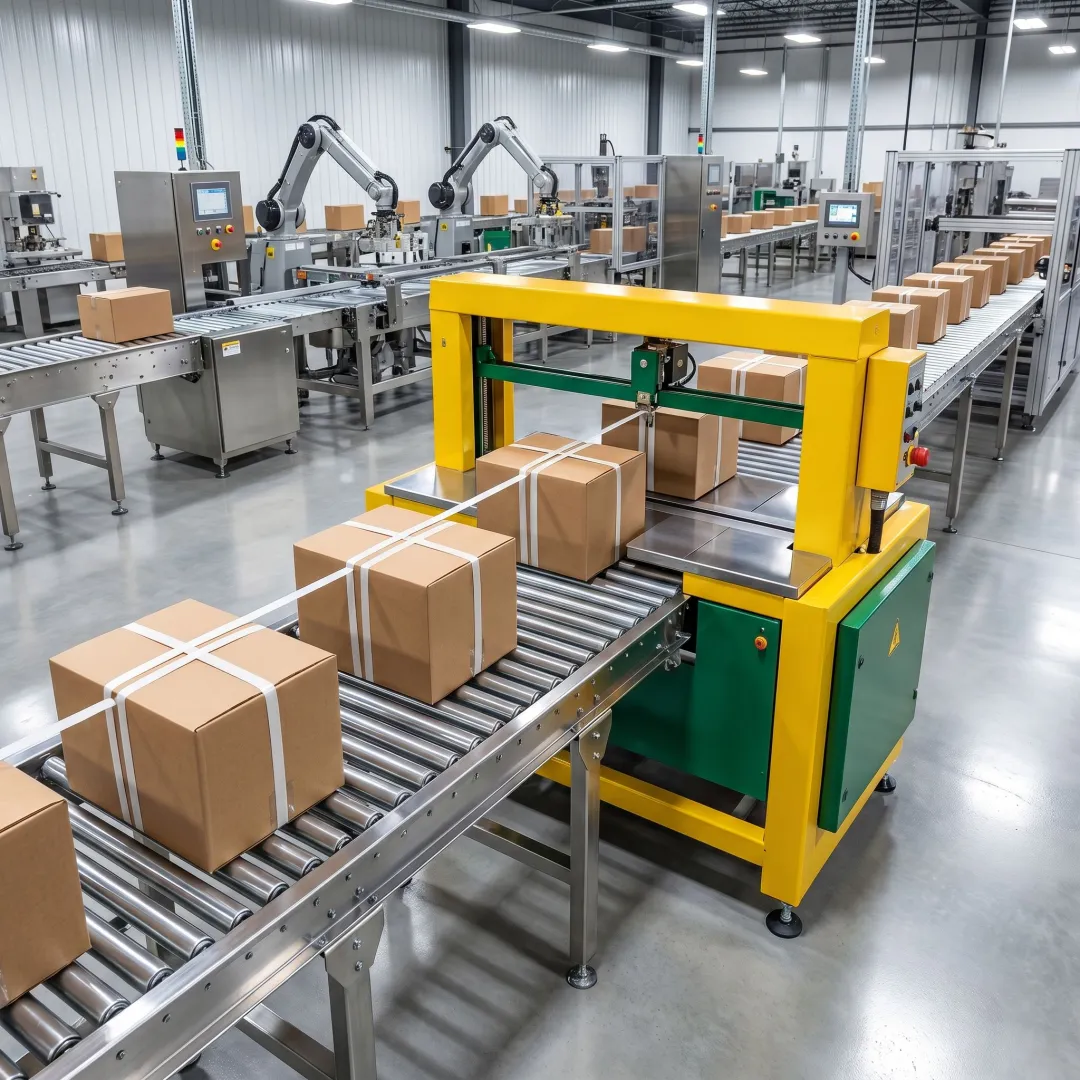 Packaging line using polypropylene strapping