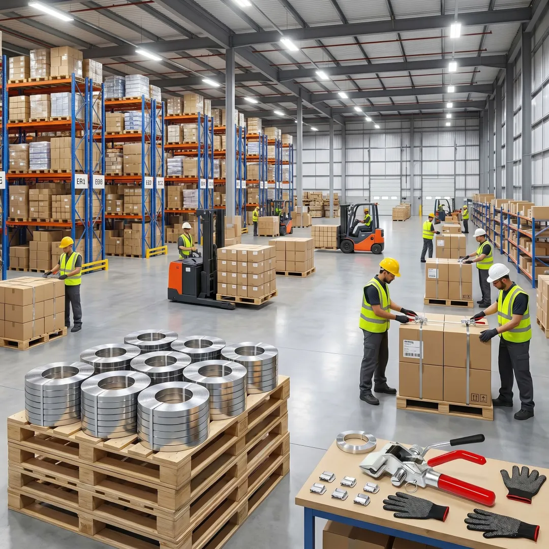 Coils of heat-treated steel strapping in a warehouse