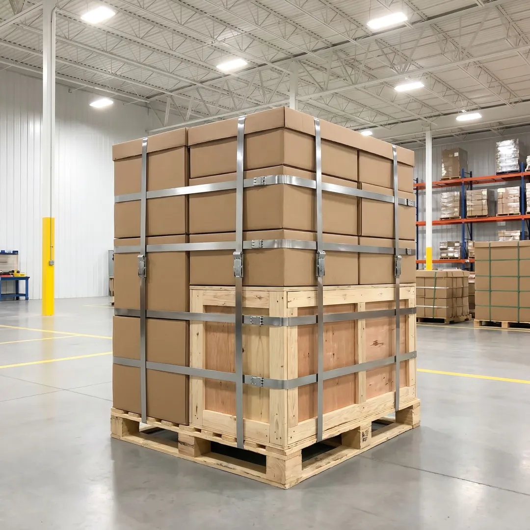 Industrial load secured with steel strapping