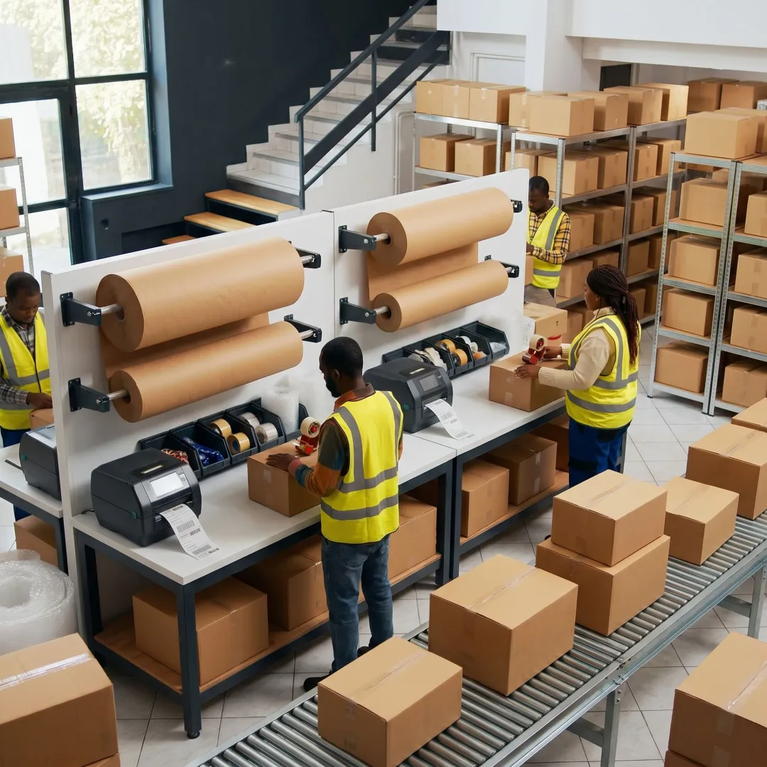 Bulk paper void fill at a fulfillment packing station