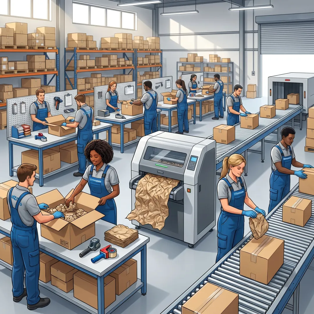 Warehouse team using paper void fill equipment