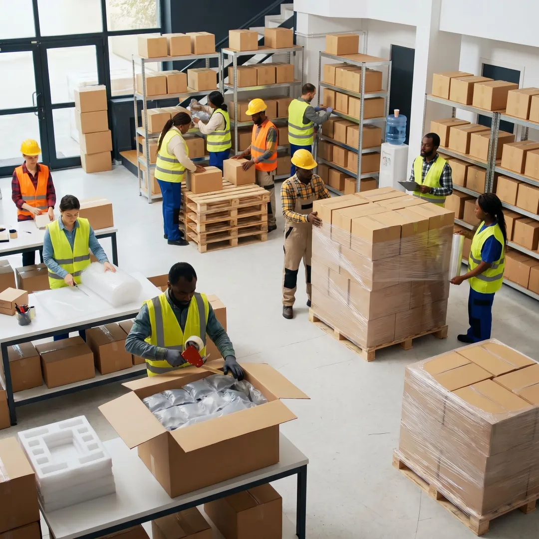 Warehouse team using bulk protective packaging materials