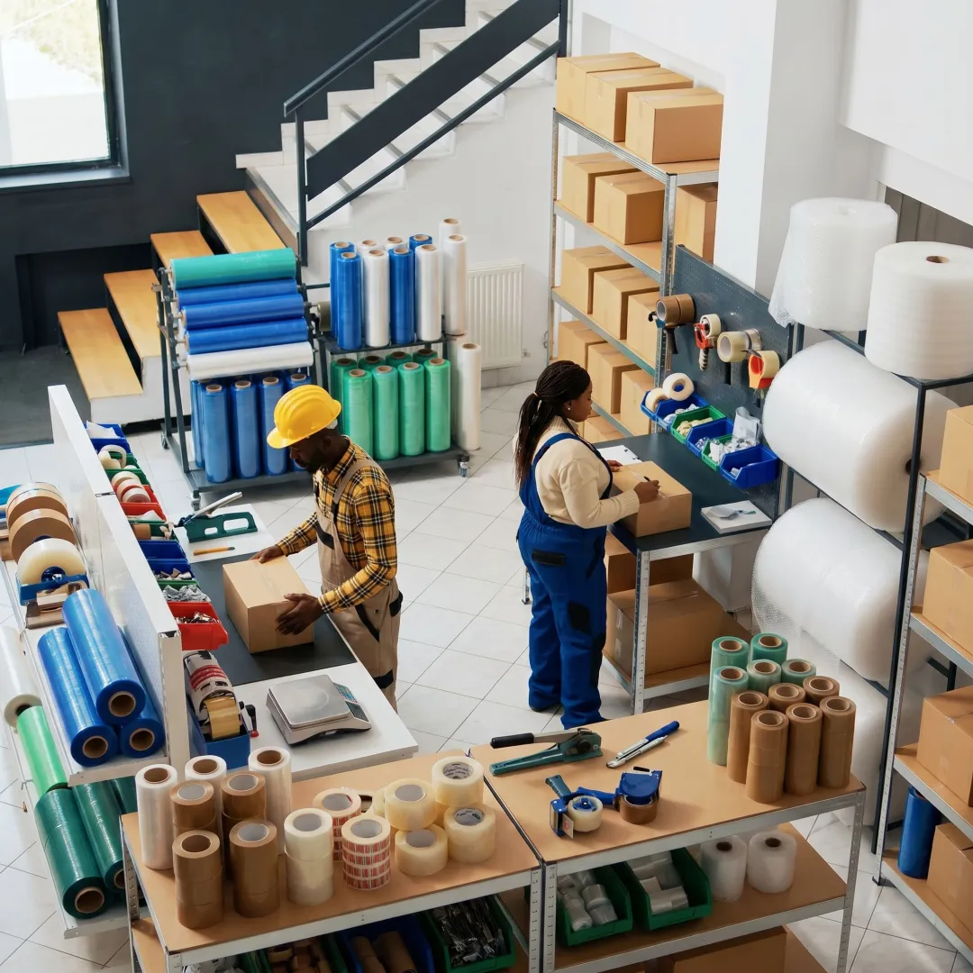 Protective packaging materials staged for warehouse fulfillment
