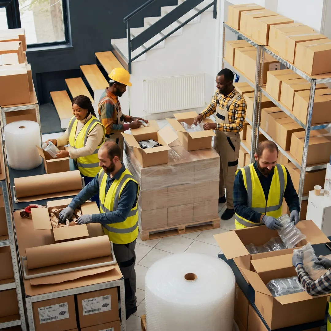 Warehouse team packing auto parts with void fill