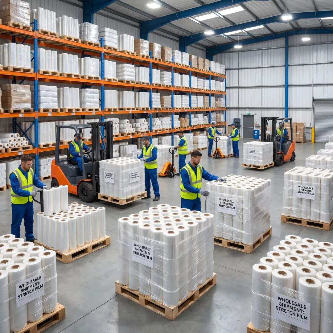 Warehouse team preparing bulk stretch film shipment