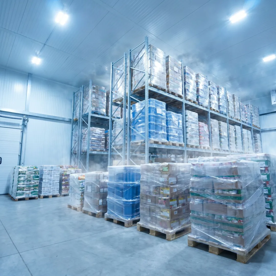Cold storage stretch film wrapped pallets in warehouse