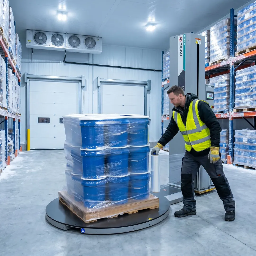 Warehouse worker wrapping pallet with stretch film