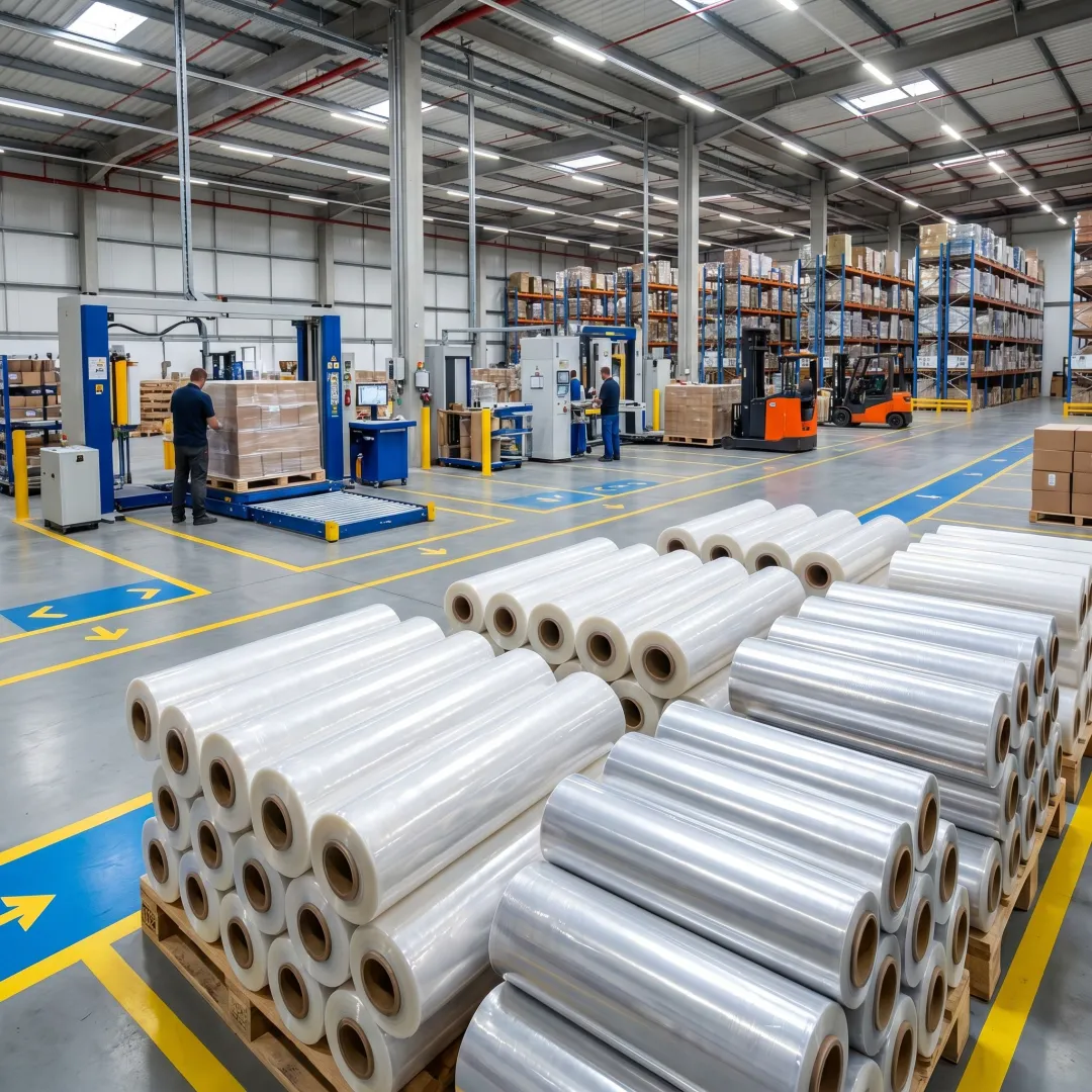 Stretch film rolls staged in a warehouse