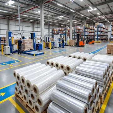 Stretch film rolls staged in a warehouse