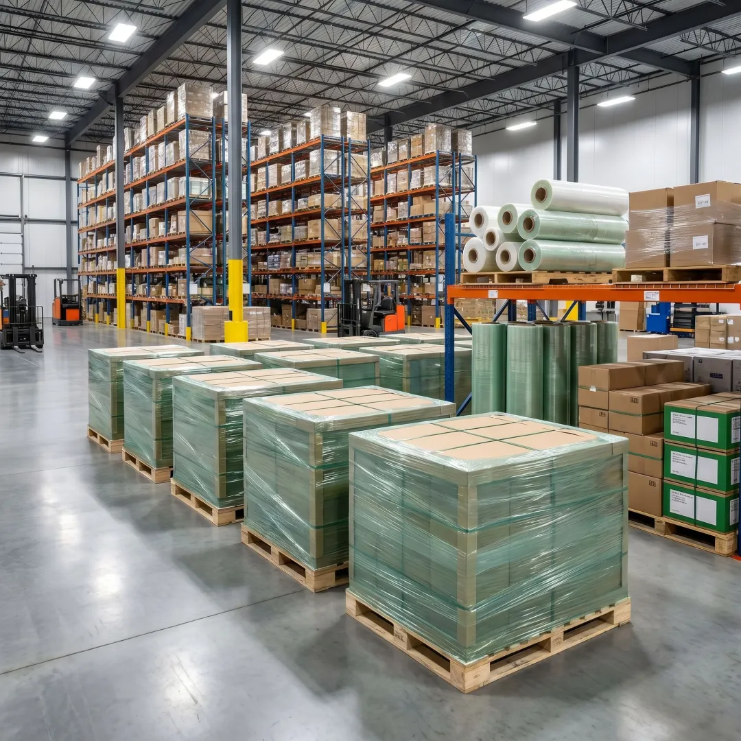 Pallets wrapped with sustainable stretch film in warehouse