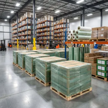 Pallets wrapped with sustainable stretch film in warehouse