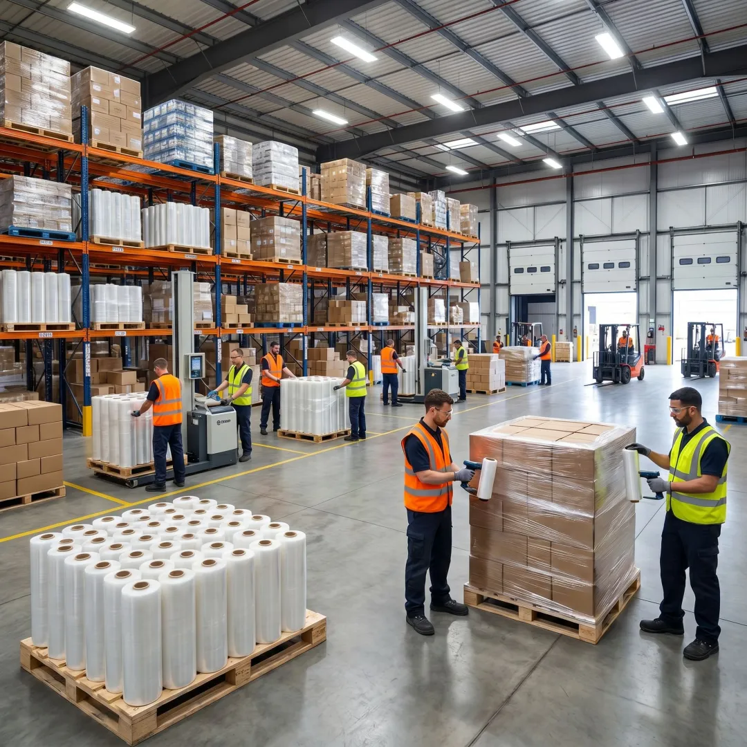 Warehouse team preparing bulk stretch film order