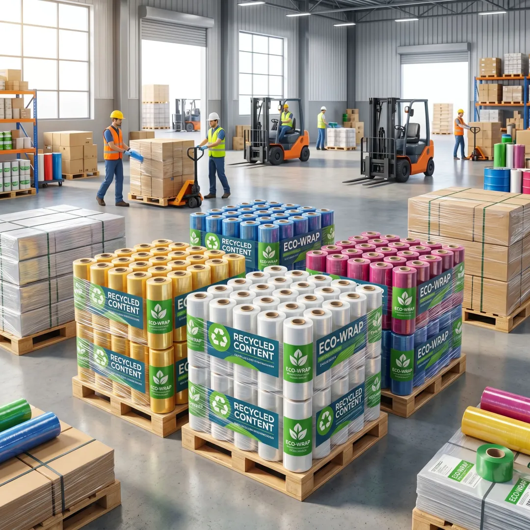 Bulk recycled stretch film rolls in warehouse