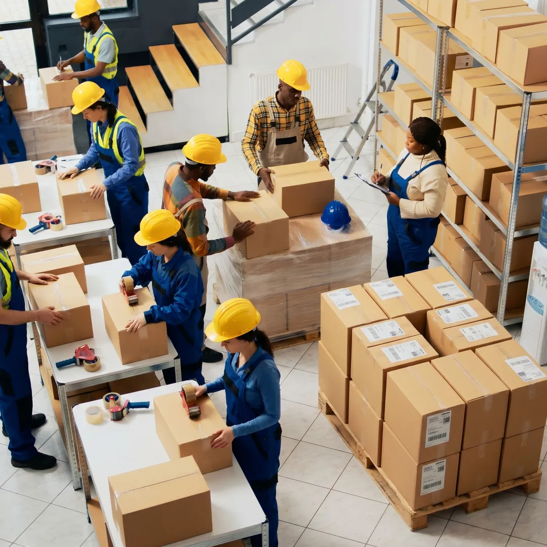 Warehouse team using bulk box tape at packing stations