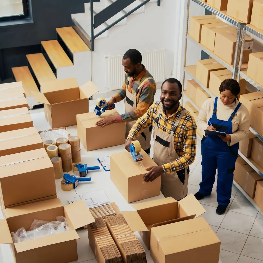 Warehouse team using hand tearable tape on cartons
