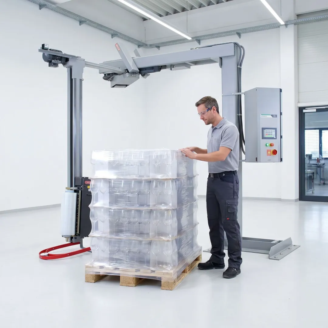 Technician reviewing shrink film packaging application