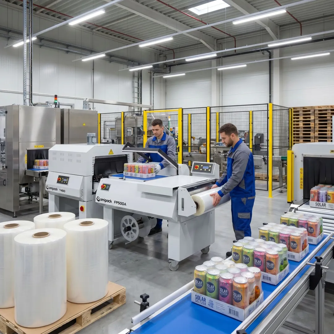 Shrink film rolls beside beverage packaging equipment