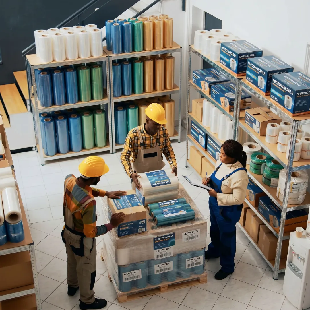 Bulk rolls of microwavable shrink film in a warehouse