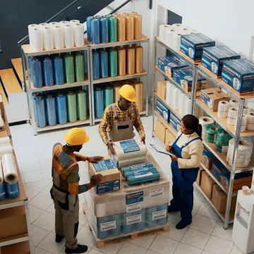 Bulk rolls of microwavable shrink film in a warehouse