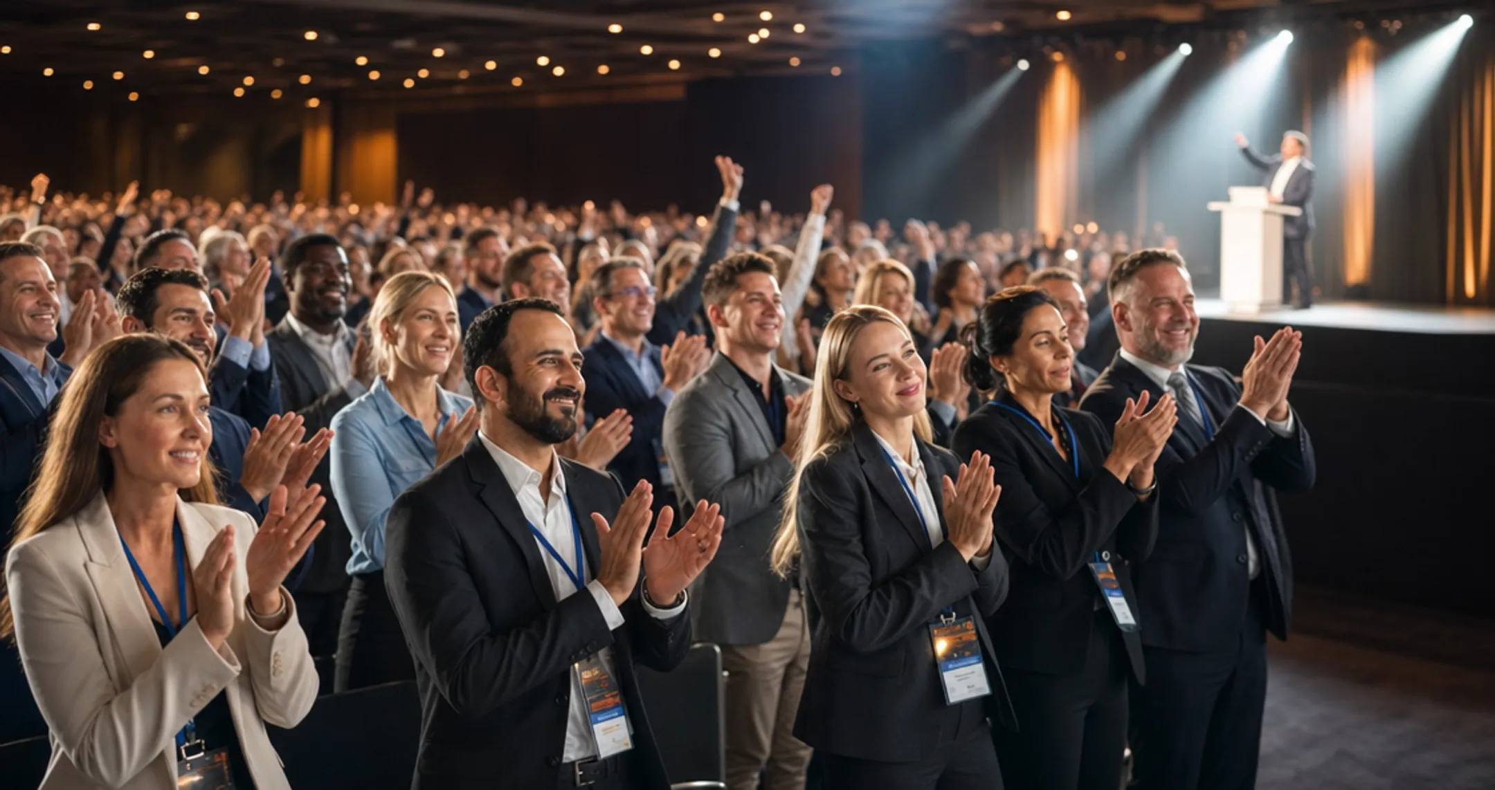 Corporate audience giving standing ovation during motivational keynote speech