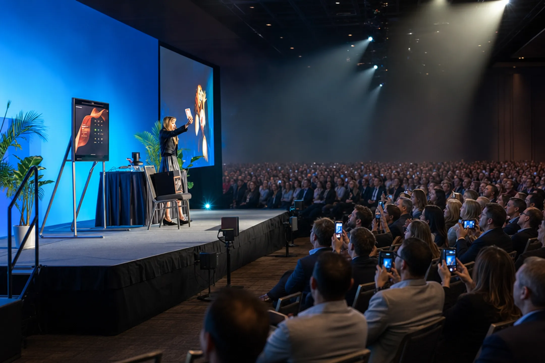 Keynote speaker performing magic trick on stage for large conference audience