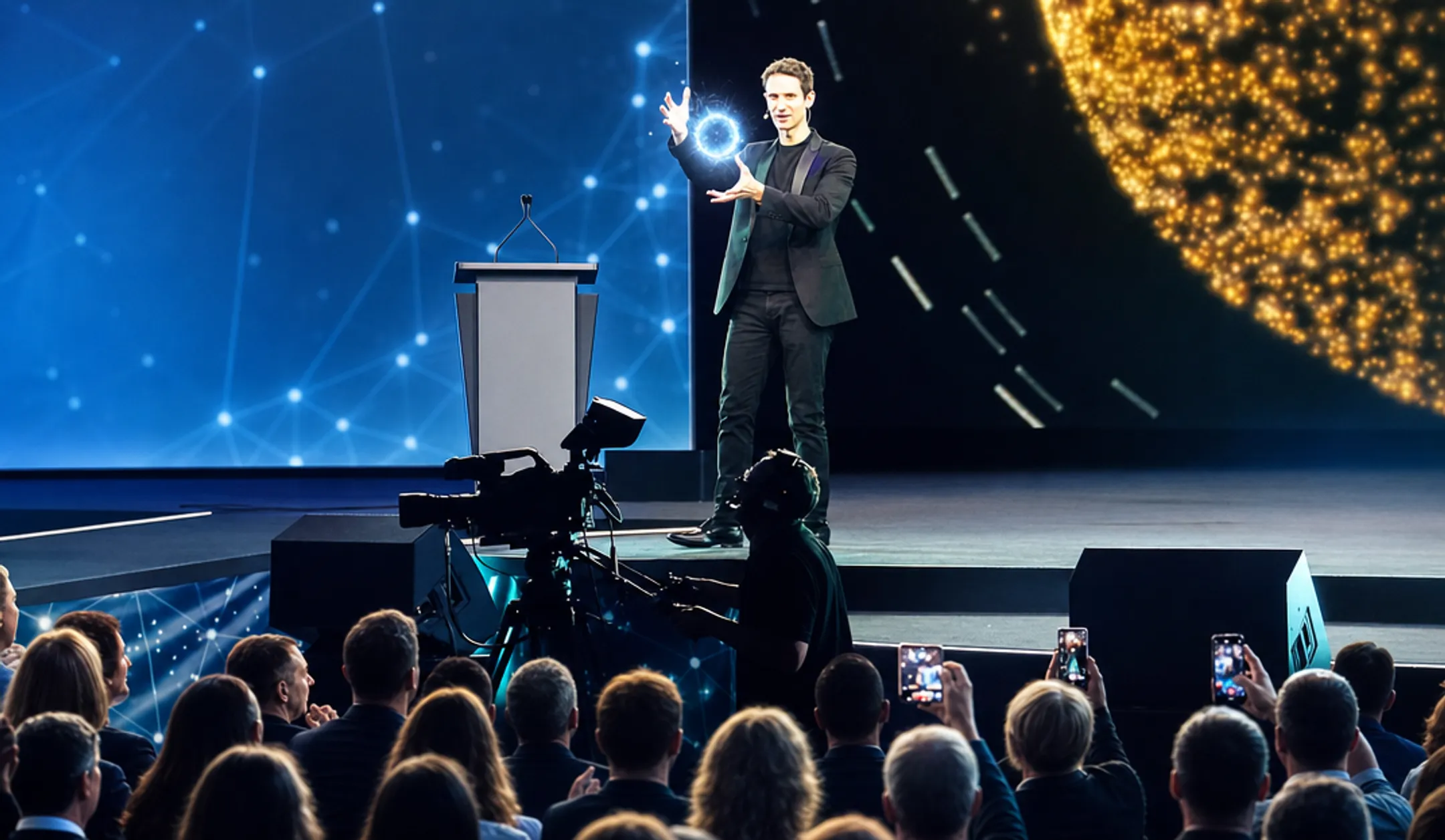 Professional keynote speaker performing magic trick on corporate stage