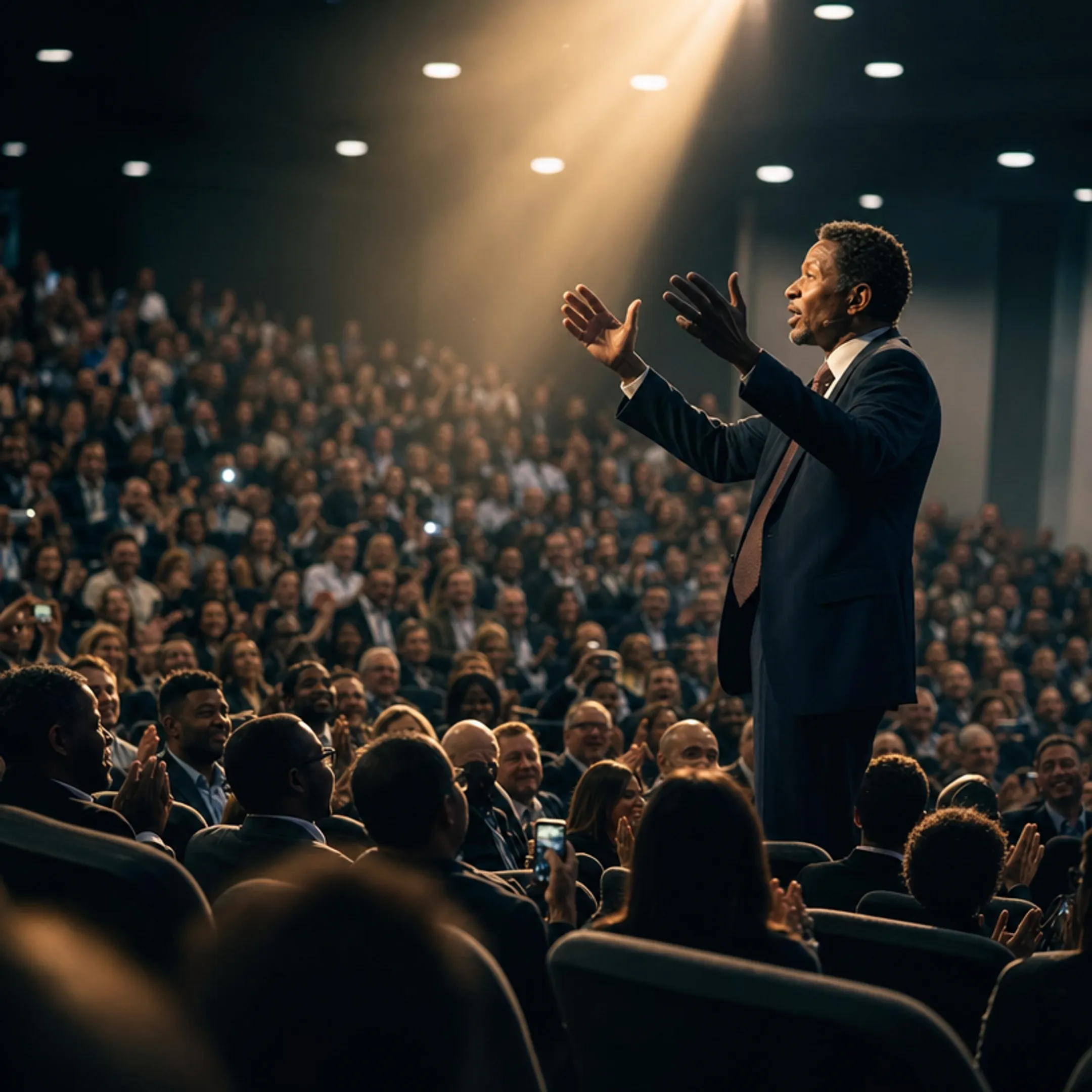 Motivational keynote speaker engaging large conference audience on stage