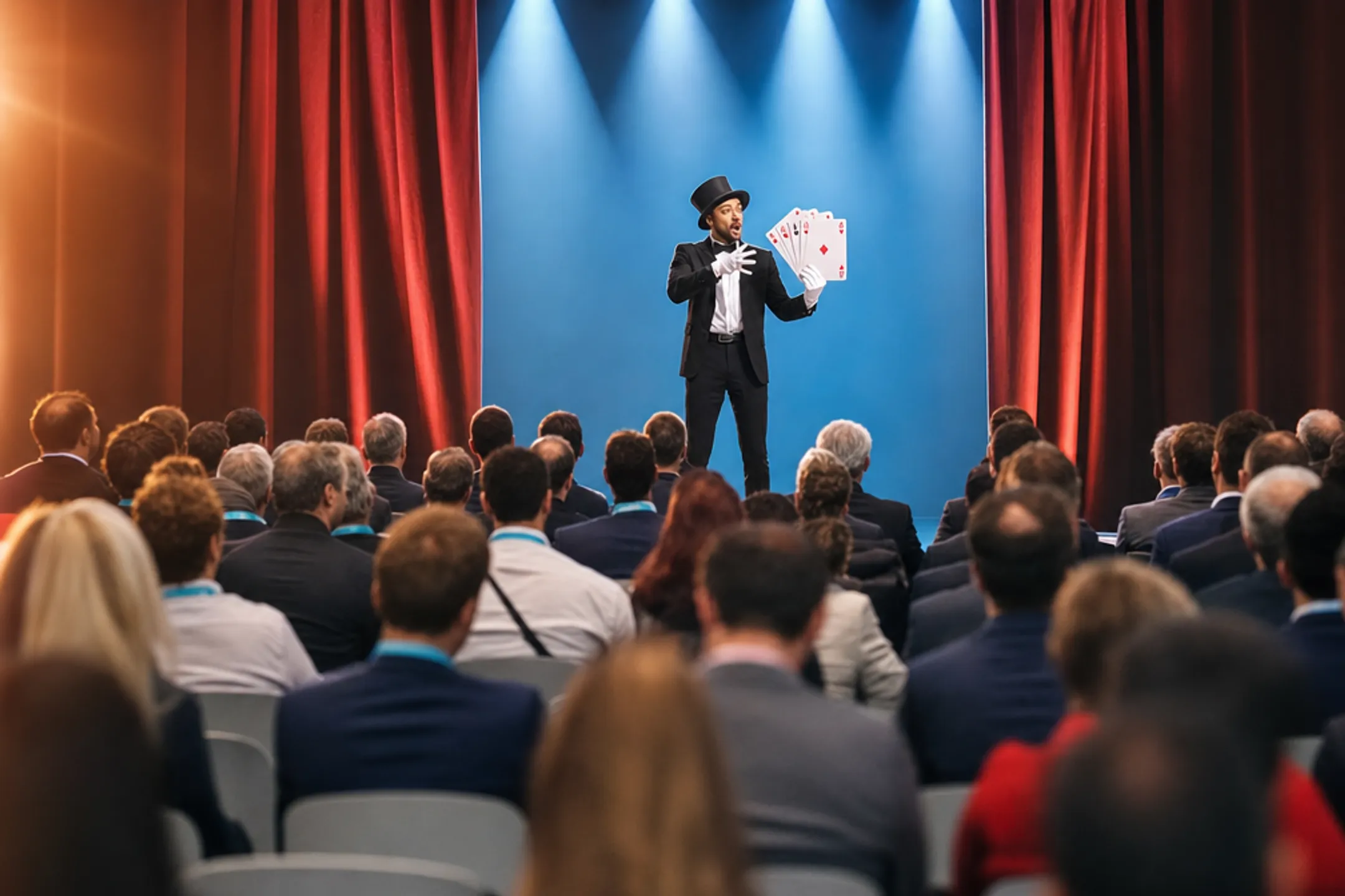 Professional keynote speaker performing magic trick on corporate stage