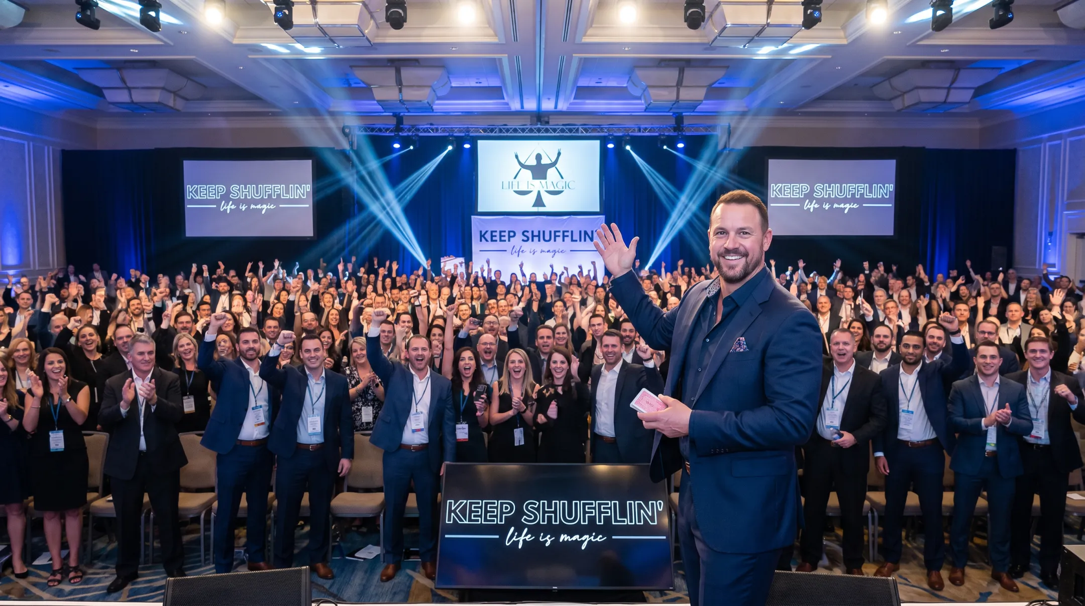 Jon Dorenbos performing magic and resilience keynote on corporate stage