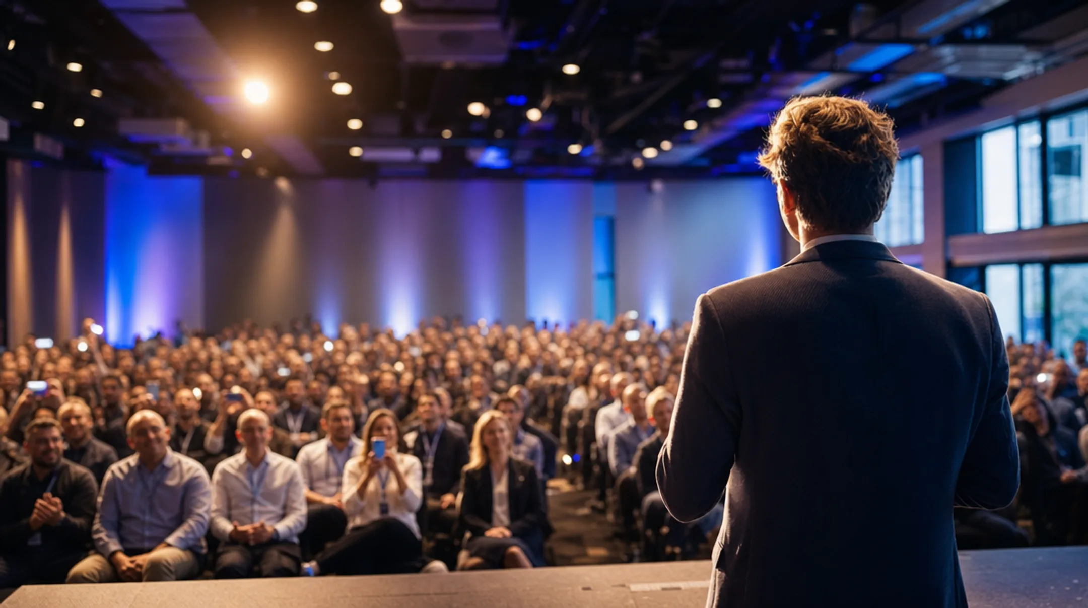 Motivational keynote speaker performing on stage before corporate audience
