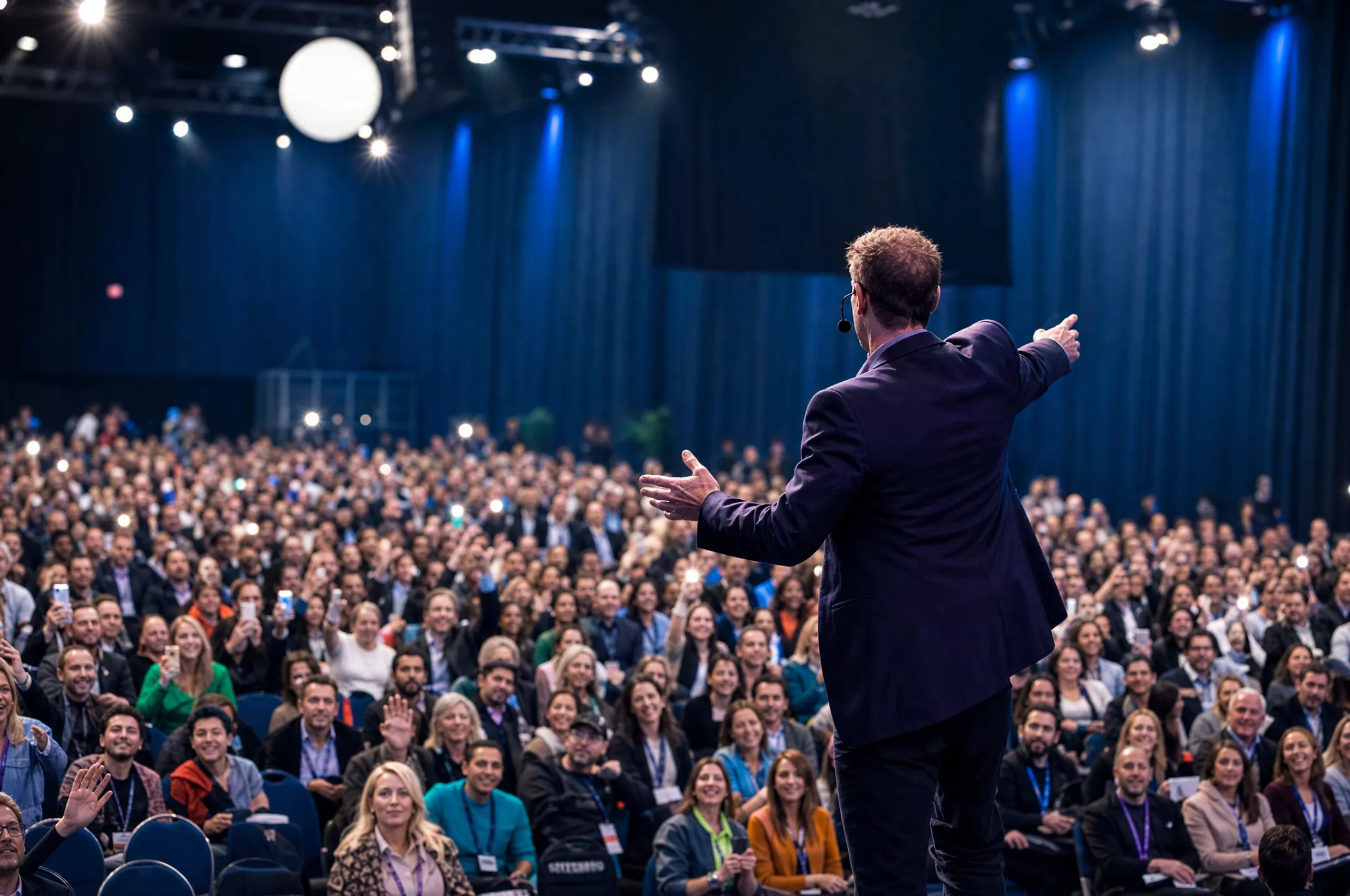 Celebrity keynote speaker engaging corporate audience on stage